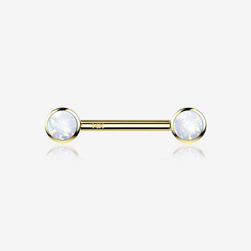 A Pair of 14 Karat Gold OneFit Threadless Round Fire Opal Bezel Set Nipple Barbell-White Opal
